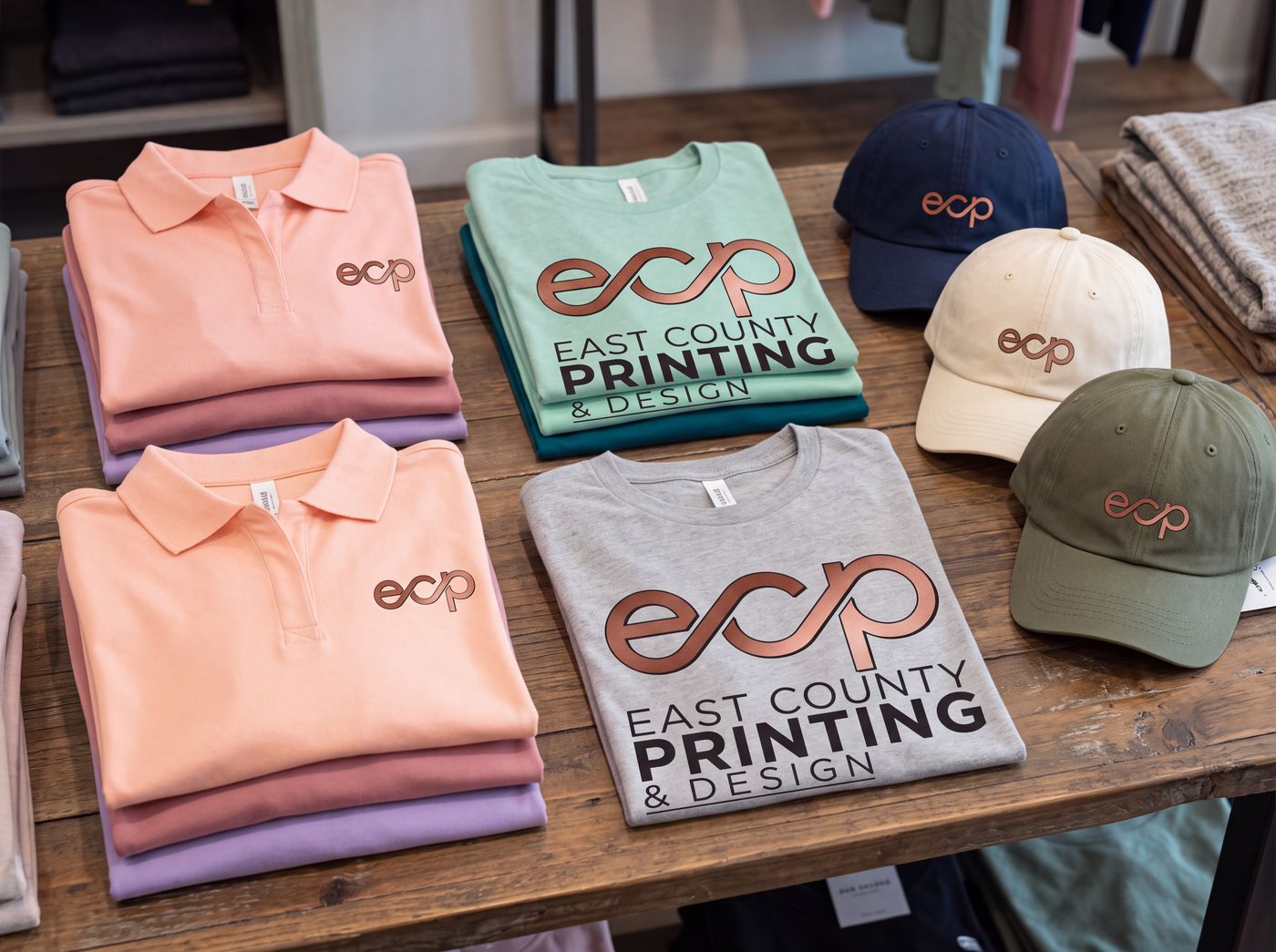 Printed and embroidered polos, t-shirts and caps