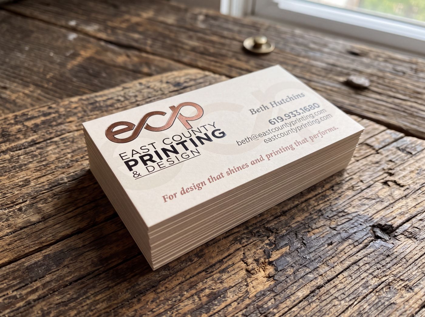 Copper foil business cards for East County Printing & Design
