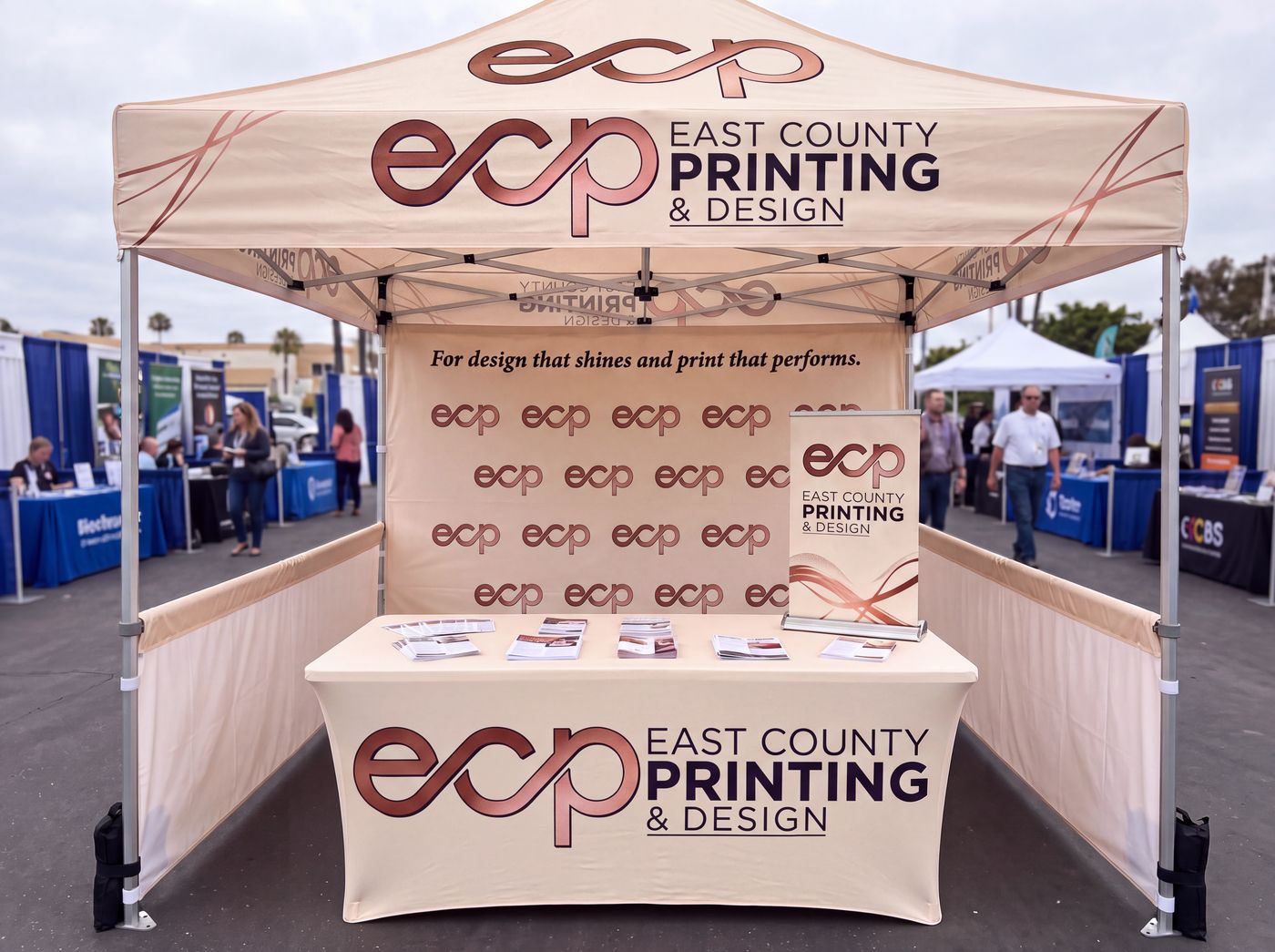 Custom event canopy, table cover and retractable banner