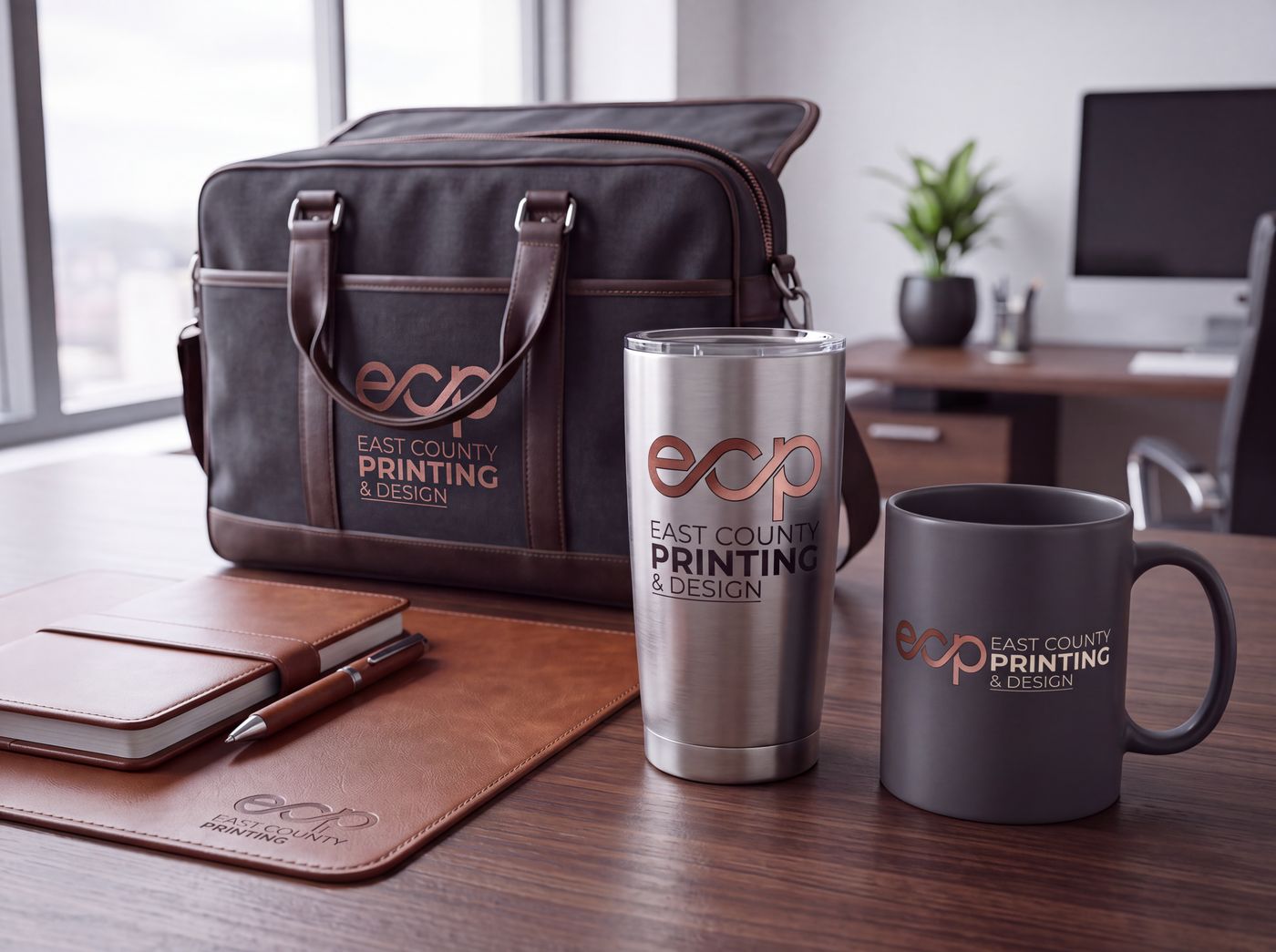 Branded bag, tumbler, mug and padfolio