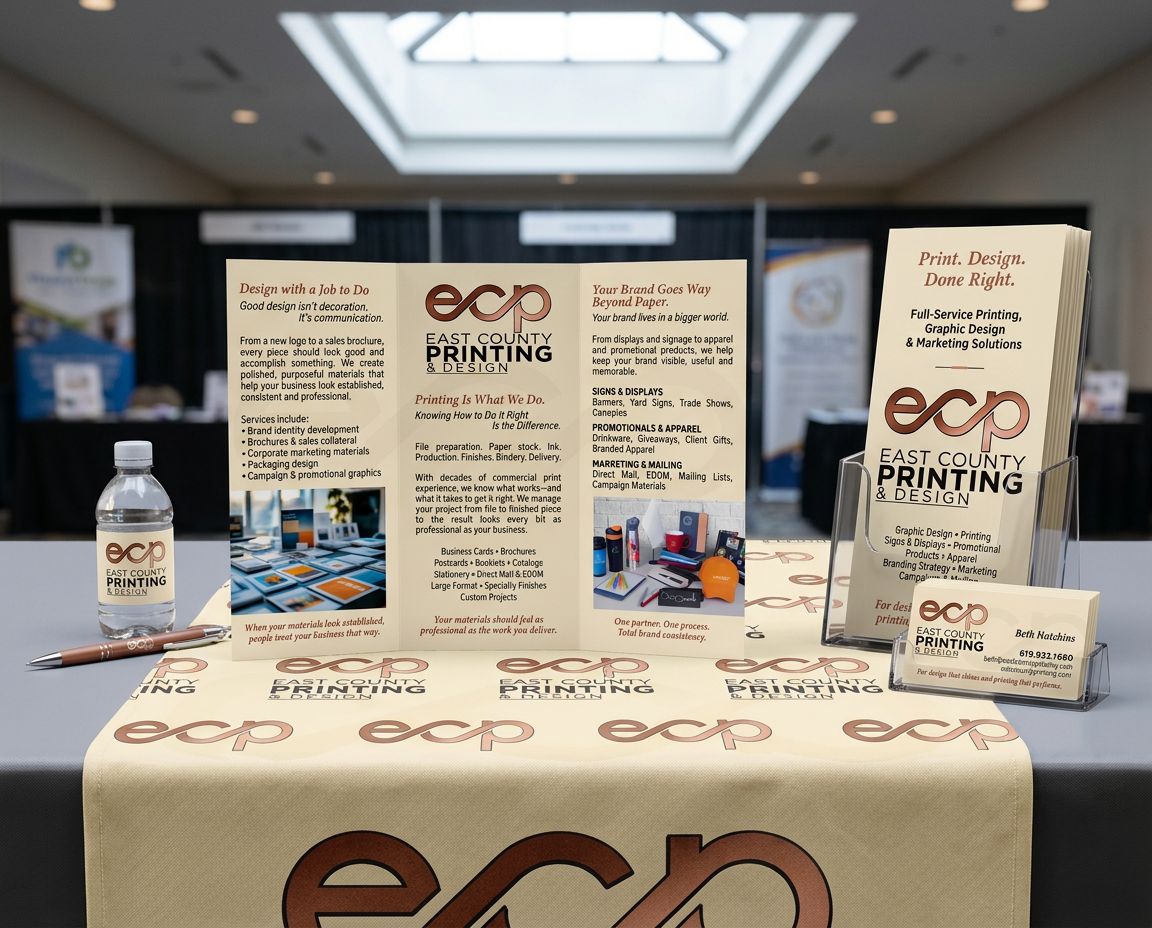 Tri-fold brochure, rack card and table runner at a trade show